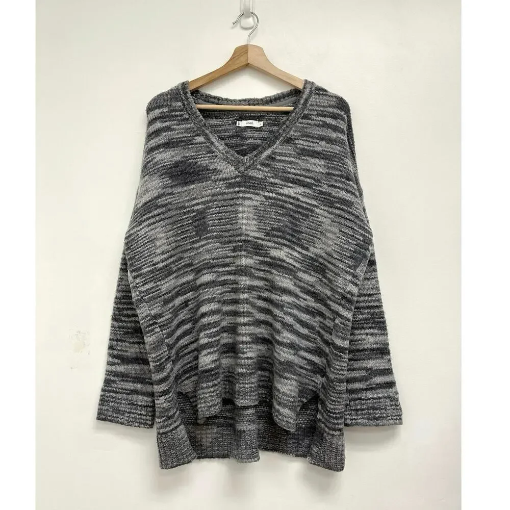 Vince Wool-Silk Oversized Drop-Shoulder V-Neck Space-Dye Knit Cozy Sweater - Med